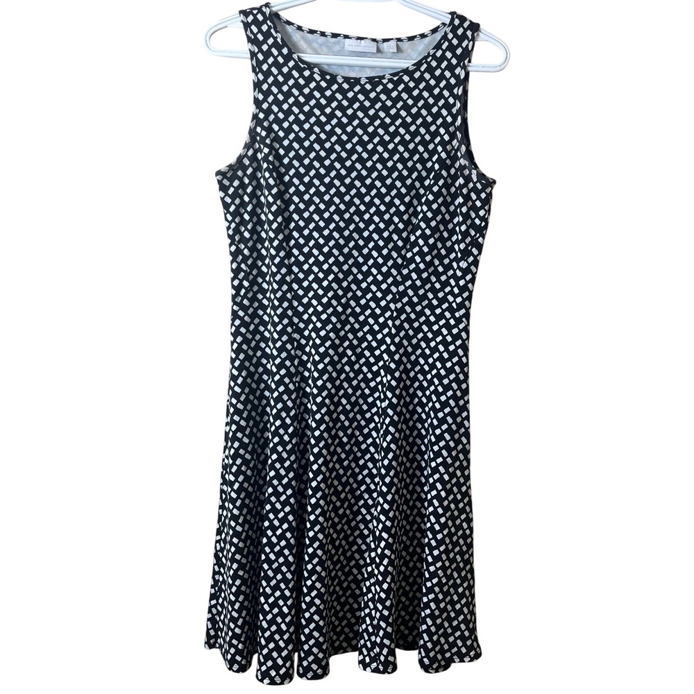 New York & Company Black White Geometric Cotton Fit Flare Dress Size M Dark Core
